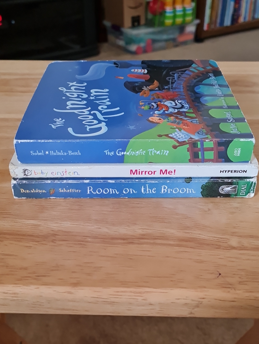 3 Baby Board Books Good Condition, Goodnight Train, Mirror Me, Room On The Broom